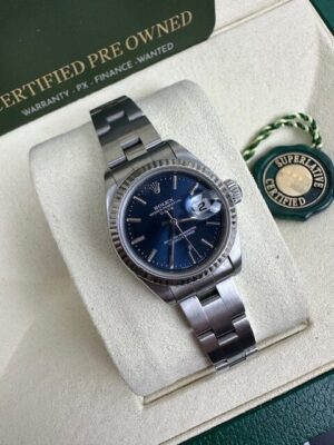 LADIES 26MM DATE STEEL BOX AND CERTIFICATES