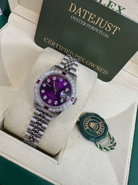 LADIES  26MM CUSTOM DATE STEEL BOX AND PAPERS