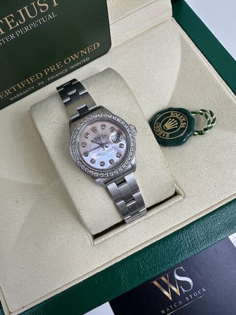 ROLEX LADIES  26MM  DATE STONE SET STEEL