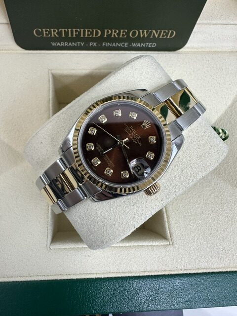 DATEJUST CHOCOLATE 178243 MIDSIZE 31MM  STEEL AND 18K GOLD BOX AND PAPERS
