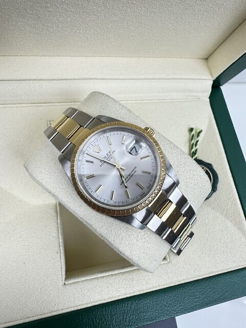 ROLEX OYSTER DATE 34MM 18K AND STEEL BOX AND PAPERS