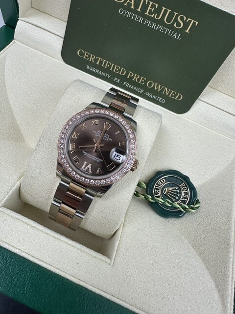 CHOCOLATE DATEJUST MIDSIZE 31MM STEEL AND ROSE GOLD BOX AND PAPERS